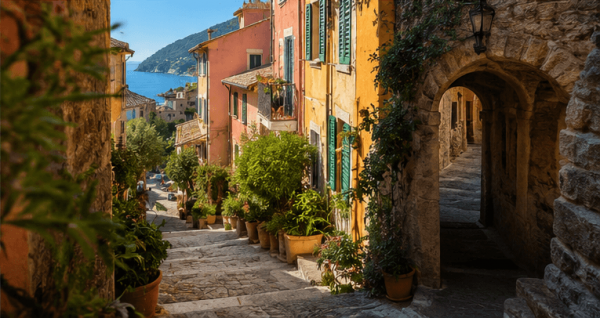 Ein charmantes ligurisches Dorf mit traditionellen Häusern und Meerblick, ideal, um den Prozess des Hauskaufs in Ligurien und die finanziellen Faktoren, die vor einer Investition zu berücksichtigen sind, zu veranschaulichen.