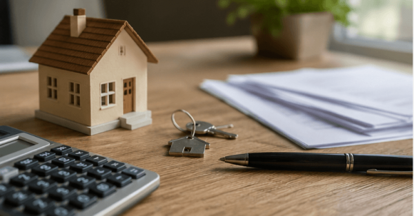 A miniature house with keys, documents, and a calculator, symbolizing the costs to consider when buying a house in Liguria, including taxes, notary fees, and other hidden costs.