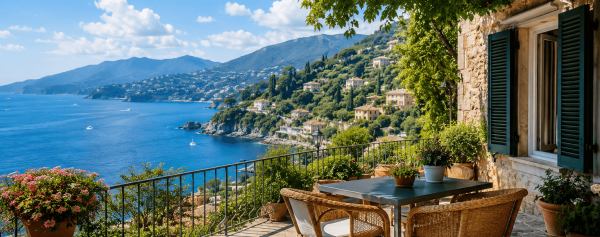Typische ligurische Küstenlandschaft mit Meer, Häusern und mediterraner Natur in Italien.