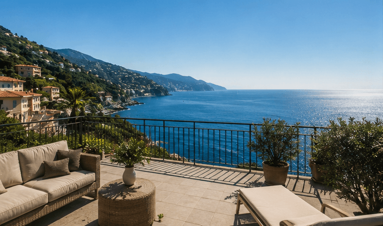 Panorama-Terrasse eines Hauses mit Meerblick in Ligurien mit Blick auf die Küste der Italienischen Riviera und das Mittelmeer.