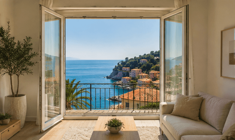Modernes Wohnzimmer mit Terrasse und Meerblick in Ligurien – exklusive Immobilie an der Italienischen Riviera in Küstennähe.